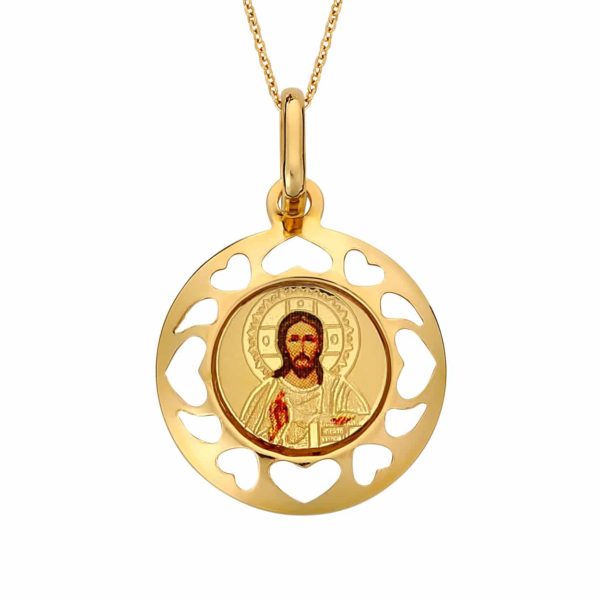 Κωνσταντινάτο Φυλαχτό Ιησούς Χριστός Με Καρδούλες Χρυσό Διάτρητο 14K
