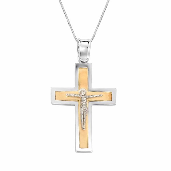 Κυρτός Σταυρός Ιησούς Χριστός Κίτρινος Και Λευκός Χρυσός 14K