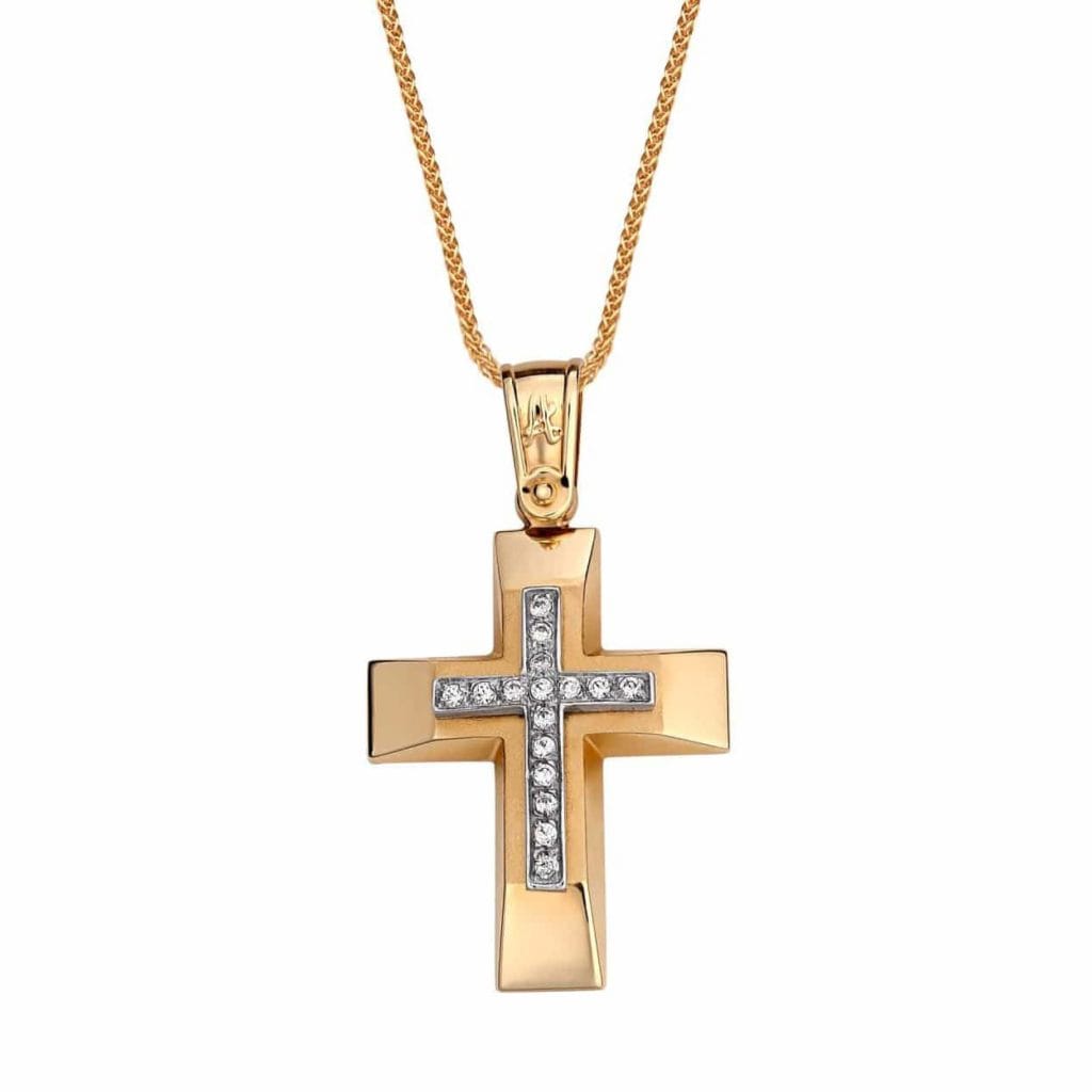 Σταυρός Χρυσός Και Λευκόχρυσος Με Ζιργκόν 14K