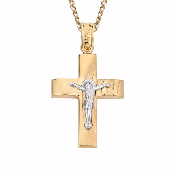 Σταυρός Ιησούς Χριστός Ανάγλυφος Δίχρωμος Χρυσός 14K