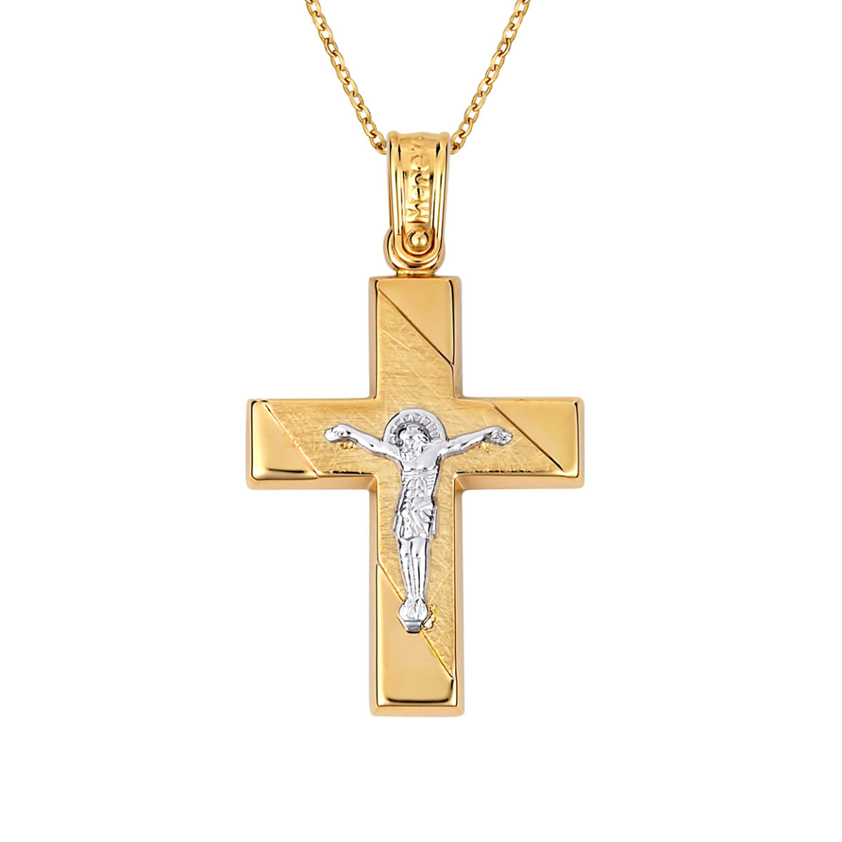 Σταυρός Ιησούς Χριστός Δίχρωμος Χρυσός Ζαγρέ Ματ Και Γυαλιστερός 14Κ