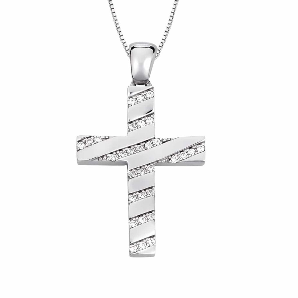 Σταυρός Ριγέ Λευκόχρυσος Με Ζιργκόν 14K