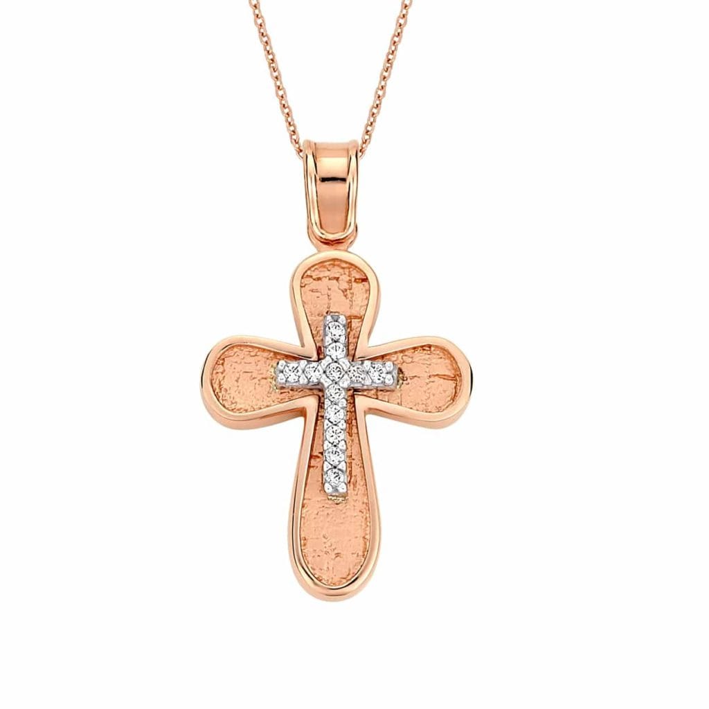 Σταυρός Σφυρήλατος Ροζ Και Λευκός Χρυσός 14K