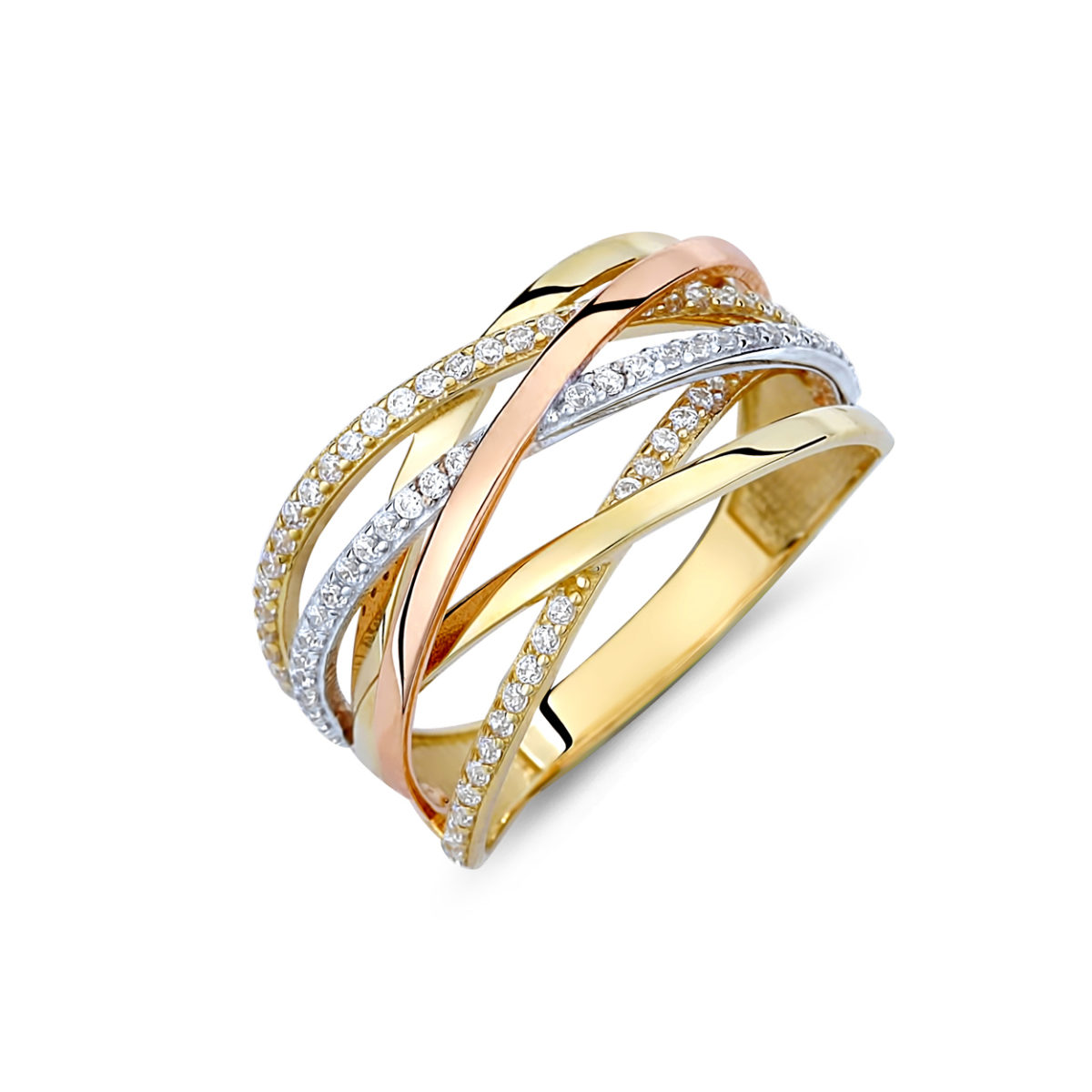 Μοντέρνο Πλεκτό Δαχτυλίδι Τρίχρωμο Χρυσό Με Ζιργκόν 14K