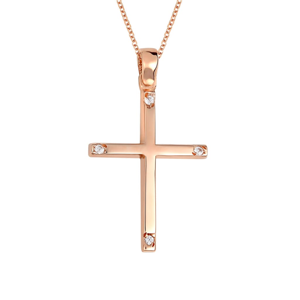 Σταυρός Λεπτός Ροζ Χρυσός Με Ζιργκόν 14Κ