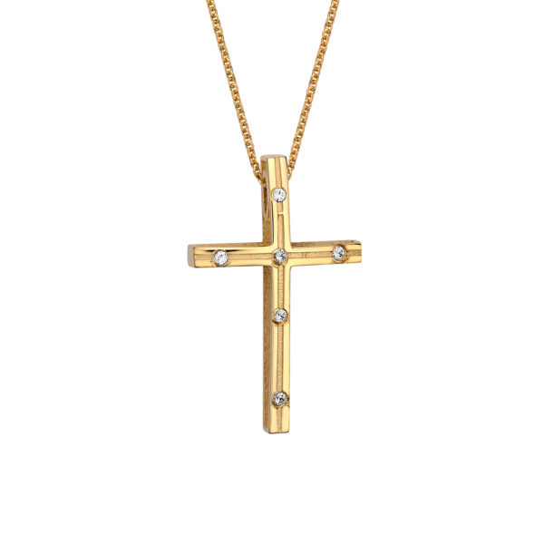 Σταυρός Ανάγλυφος Χρυσός Ματ Και Γυλιαστερός Με Διάσπαρτα Ζιργκόν 14Κ 003691 Jewelor