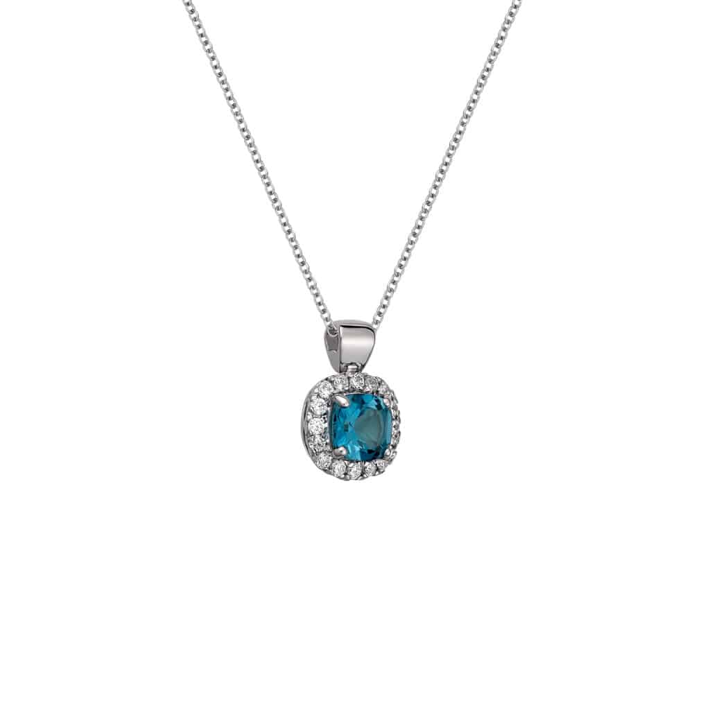 004758 Κολιέ Τετράγωνο Λευκόχρυσο Με London Blue Topaz Kai Zιργκόν 14K