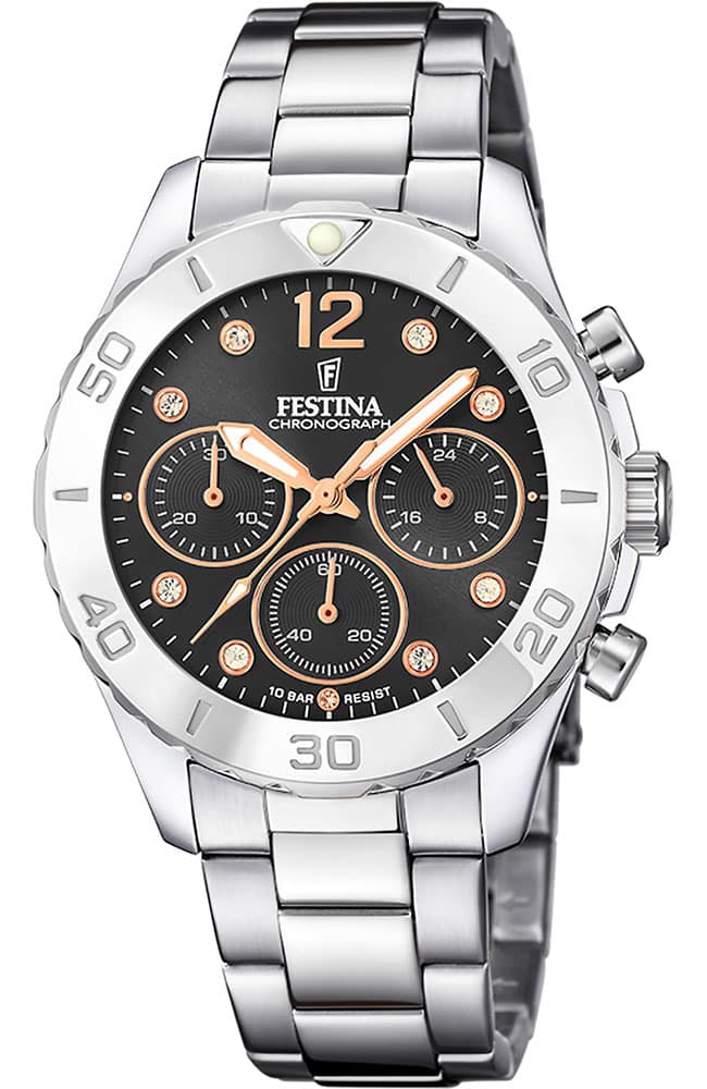 FESTINA Chronograph Crystals Silver Stainless Steel Bracelet