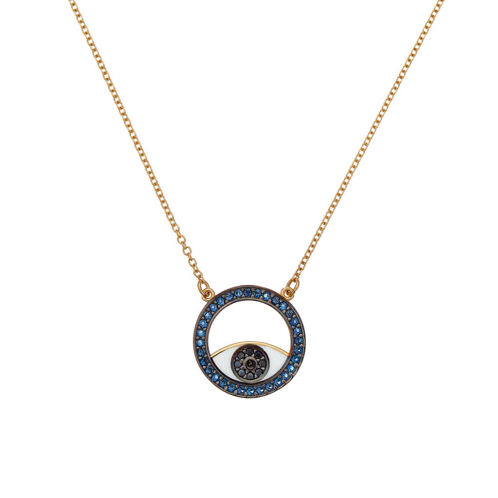 0050102 Κολιέ Ματάκι Χρυσό Με Σμάλτο Και Ζιργκόν Μπλέ κ Μαύρα 14K.