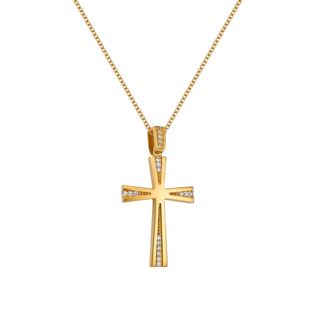 005092 Λεπτός Σταυρός Χρυσός Διάτρητος Με Ζιργκόν Και Αλυσίδα 14Κ