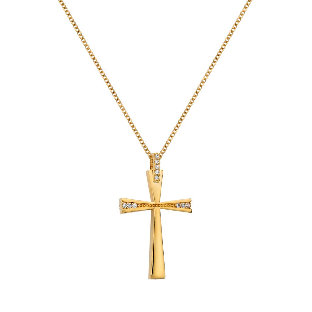 005094 Λεπτός Σταυρός Χρυσός Με Ζιργκόν Και Αλυσίδα 14Κ
